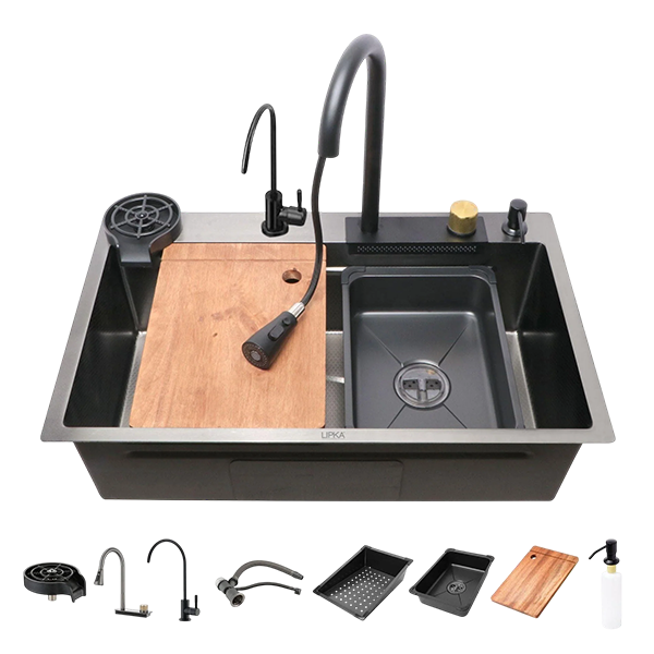 Handmade Nano Waterfall Kitchen Sink (30 x 18 x 9 inches) with Pull-out Mixer Faucet